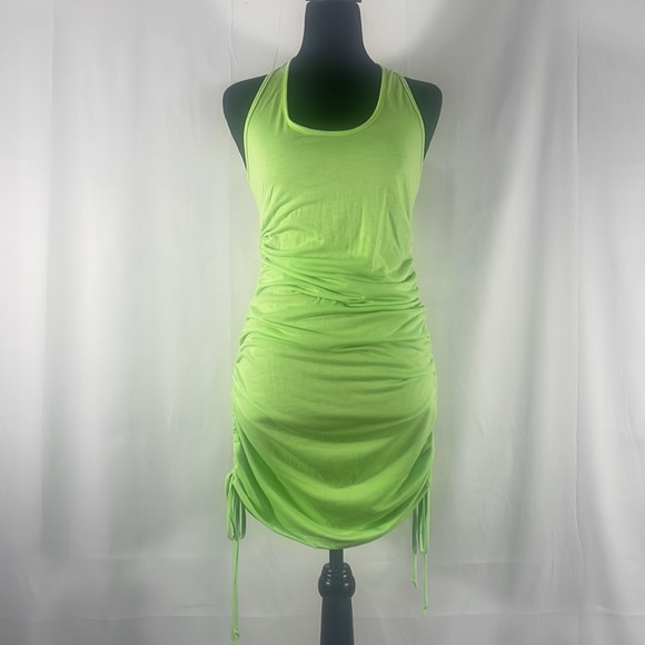 Green, lime Mini dress,Halter scoop neck,self tie ruched sides, Bodycon,Large - Picture 10 of 10